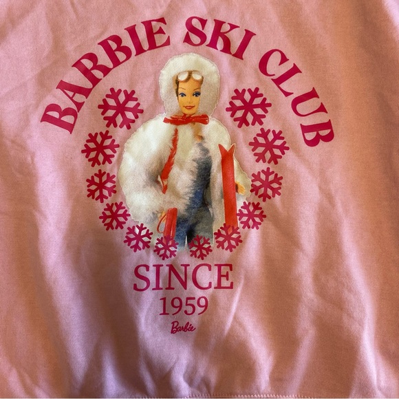 NWOT Barbie Cropped L Sweatshirt; Ski Club; Winter; Adorable; Pink; Holiday Snow - Picture 5 of 7